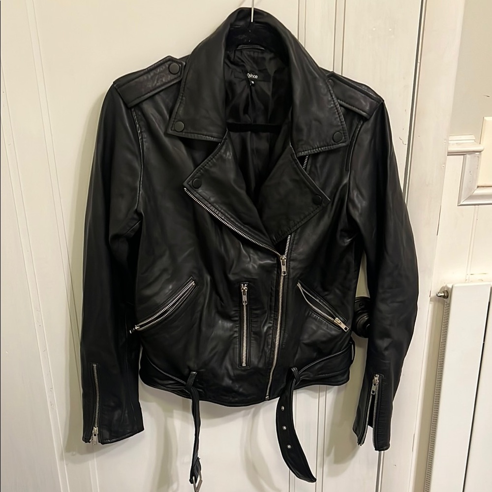 QUINCE Black Leather Biker Moto Jacket M